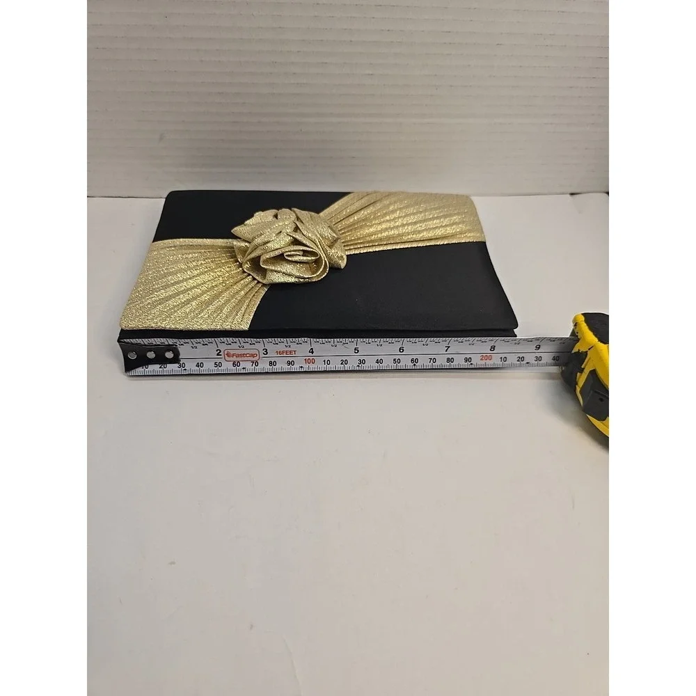 Vintage Black‎ Satin Evening Clutch Gold Rosette Pleated Formal Shoulder Bag